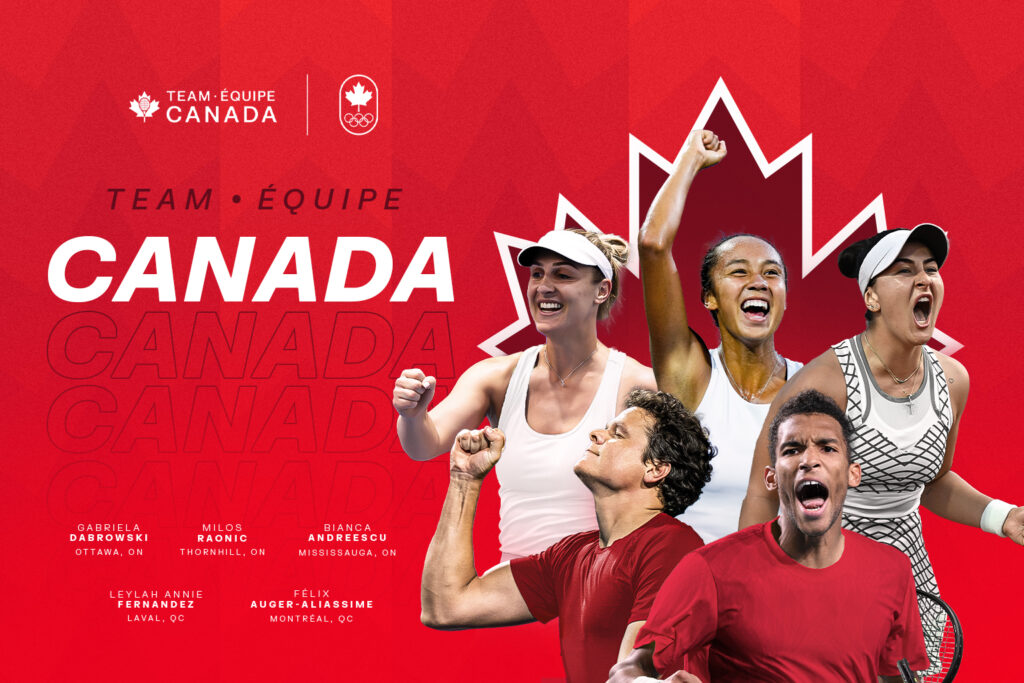 Team Canada's Olympic Tennis Team, consisting of Gabriela Dabrowski, Leylah Annie Fernandez, Bianca Andreescu, Félix Auger-Aliassime, and Milos Raonic.