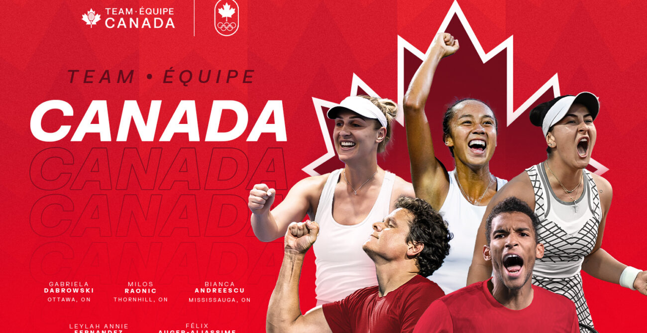 Team Canada's Olympic Tennis Team, consisting of Gabriela Dabrowski, Leylah Annie Fernandez, Bianca Andreescu, Félix Auger-Aliassime, and Milos Raonic.