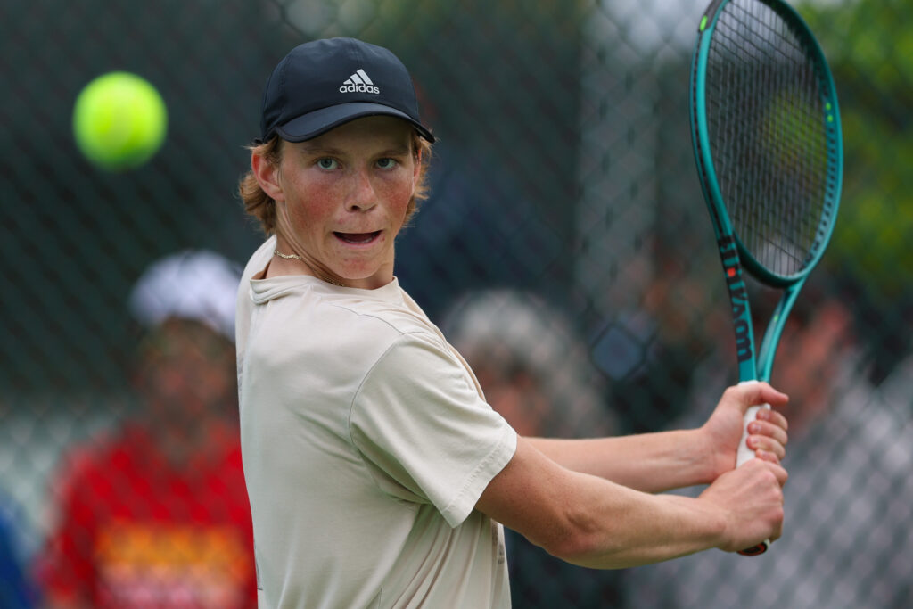 Isaac Denzil Aspinall prepares for a backhand as he battles in the quarterfinals of the Phillip Thomas Memorial Open (1000).