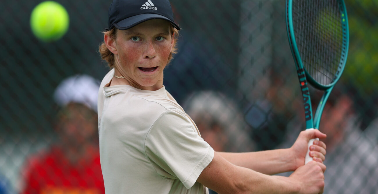 Isaac Denzil Aspinall prepares for a backhand as he battles in the quarterfinals of the Phillip Thomas Memorial Open (1000).